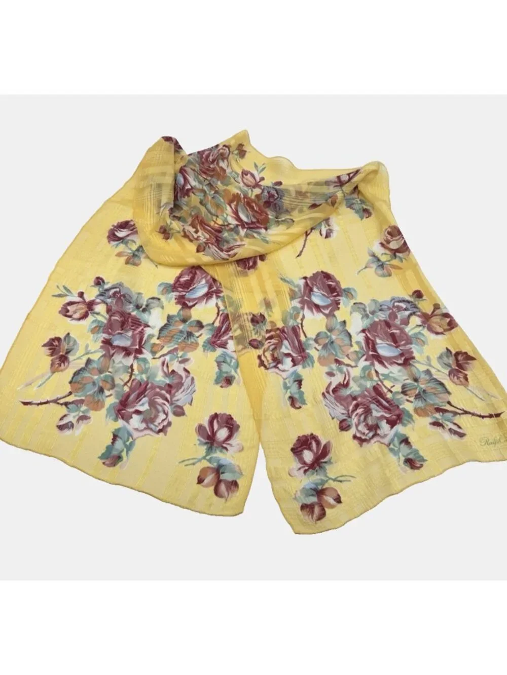 VTG Ralph Lauren Silk Chiffon Scarf Cabbage Roses, Stripes Cottagecore 15